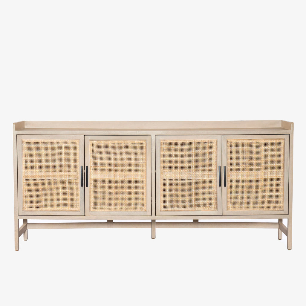 Four Hands Furniture brand caprice sideboard in light wood with four cane doors and iron handles on a white background