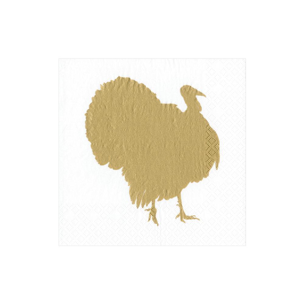 Caspari turkey fan cocktail napkin with gold silhouette of turkey on a white background