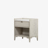 Whitewashed nightstand with drawer and marble top on a white background