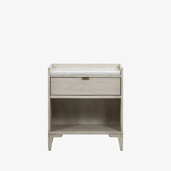 Whitewashed nightstand with drawer and marble top on a white background 