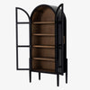 Four hands furniture brand Tolle black cabinet with arched top and wood stained interior and two glass doors on a white background  