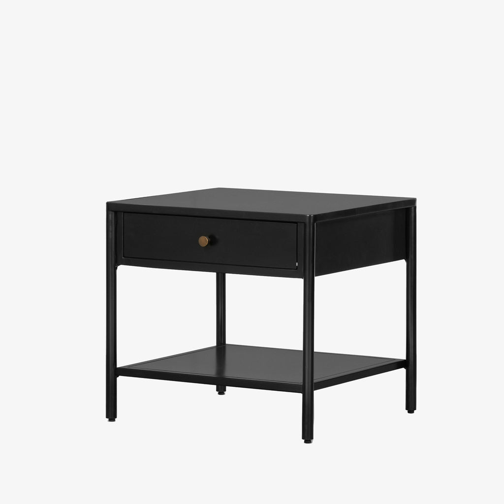 Black single drawer 'Soto' end table by four hands furniture on a white background