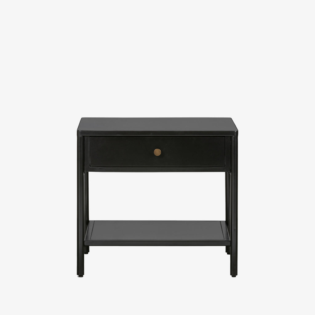 Black single drawer 'Soto' end table by four hands furniture on a white background