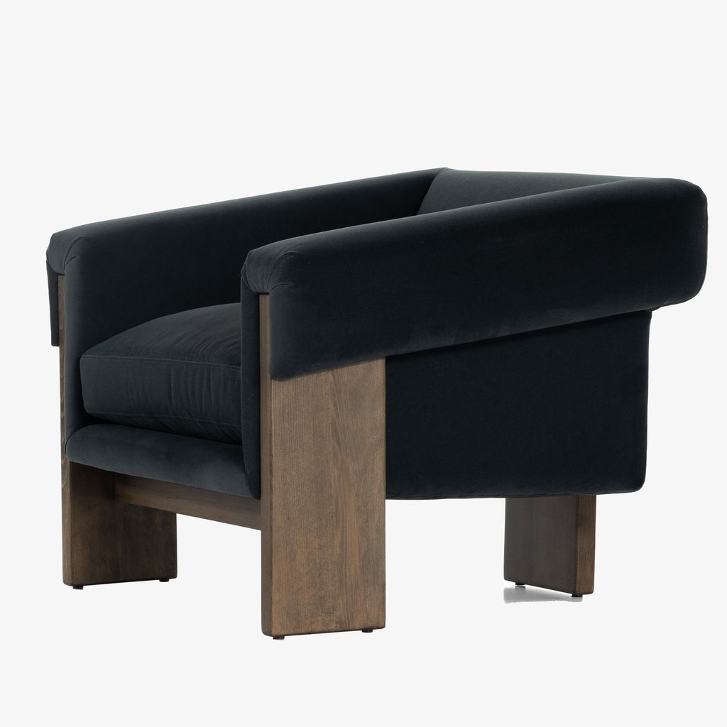 Four Hands Furniture Cairo chair in modern velvet smoke with dark wood legs on a white background