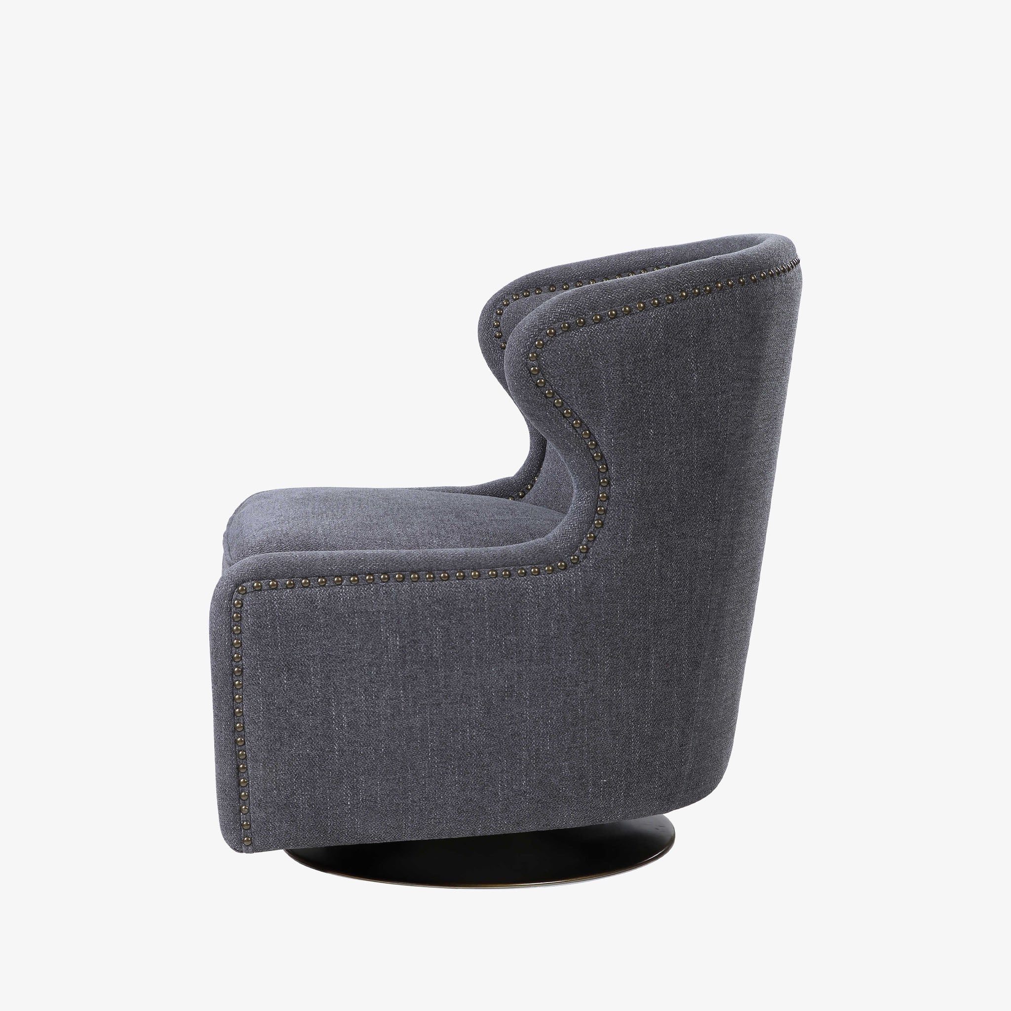 Uttermost brand Biscay swivel chair in blue grey fabric with nailhead accents on a white background