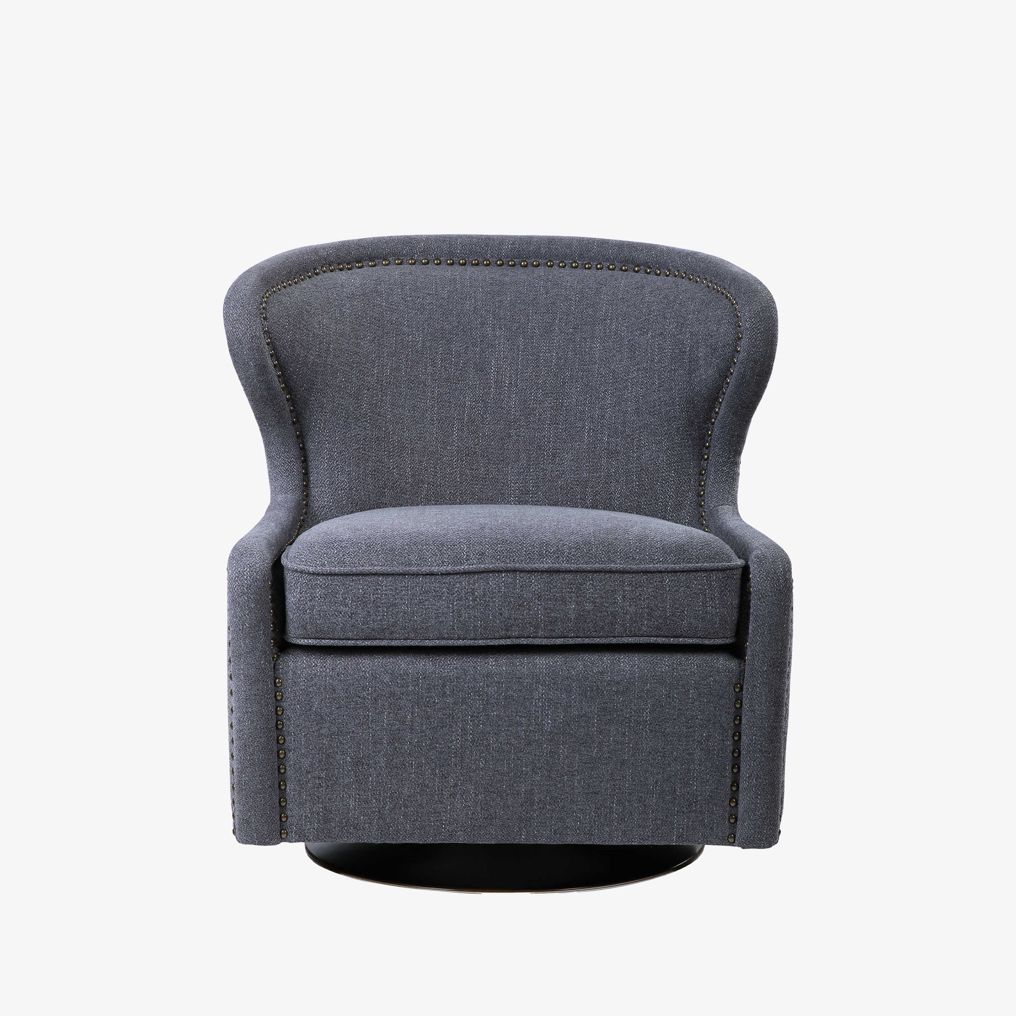 Uttermost brand Biscay swivel chair in blue grey fabric with nailhead accents on a white background
