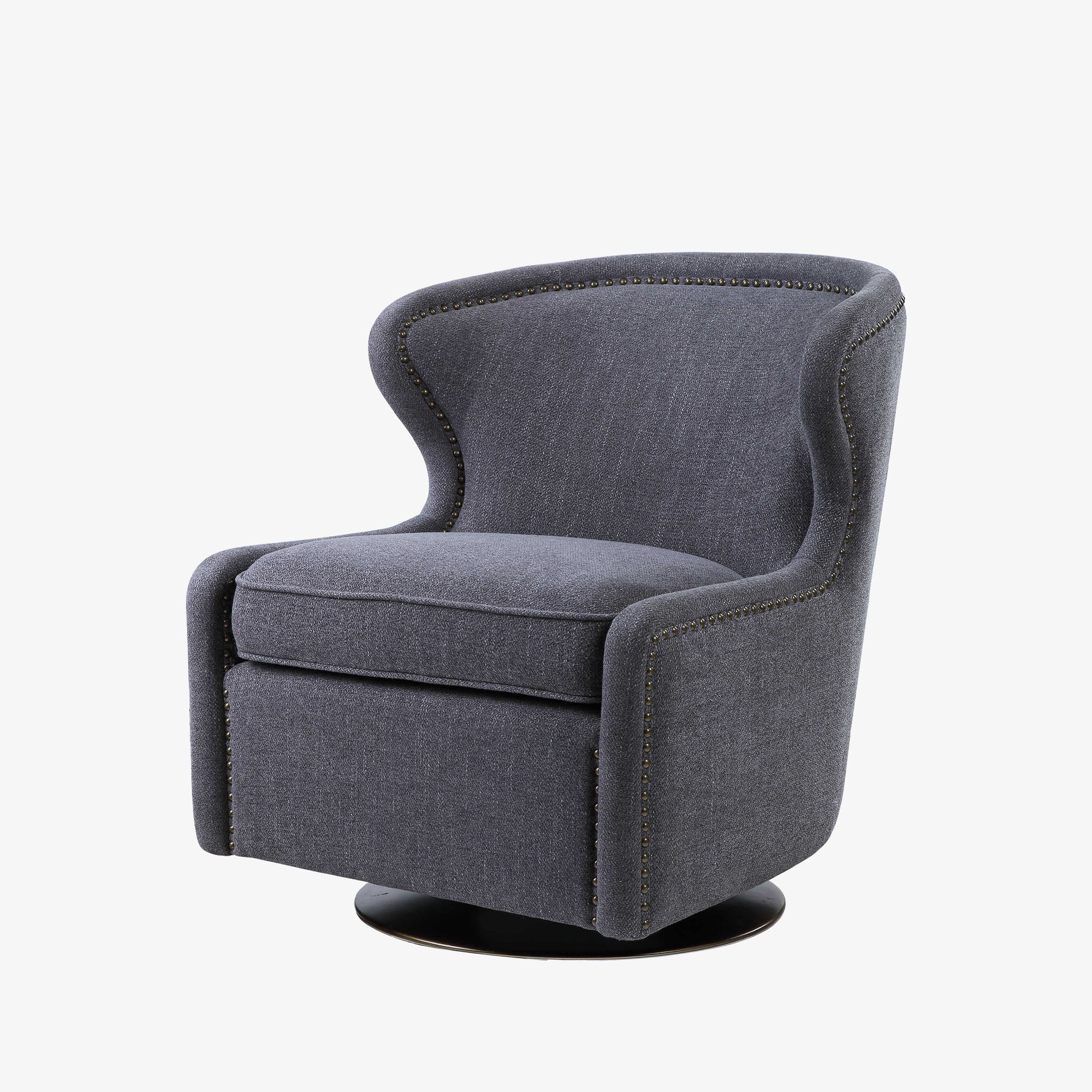 Uttermost brand Biscay swivel chair in blue grey fabric with nailhead accents on a white background