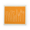 Swedish cloth sponge with kitchen utensils in a row and yellow background
