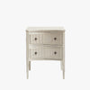 Aged white side table with two drawers and star shaped pulls on a white background