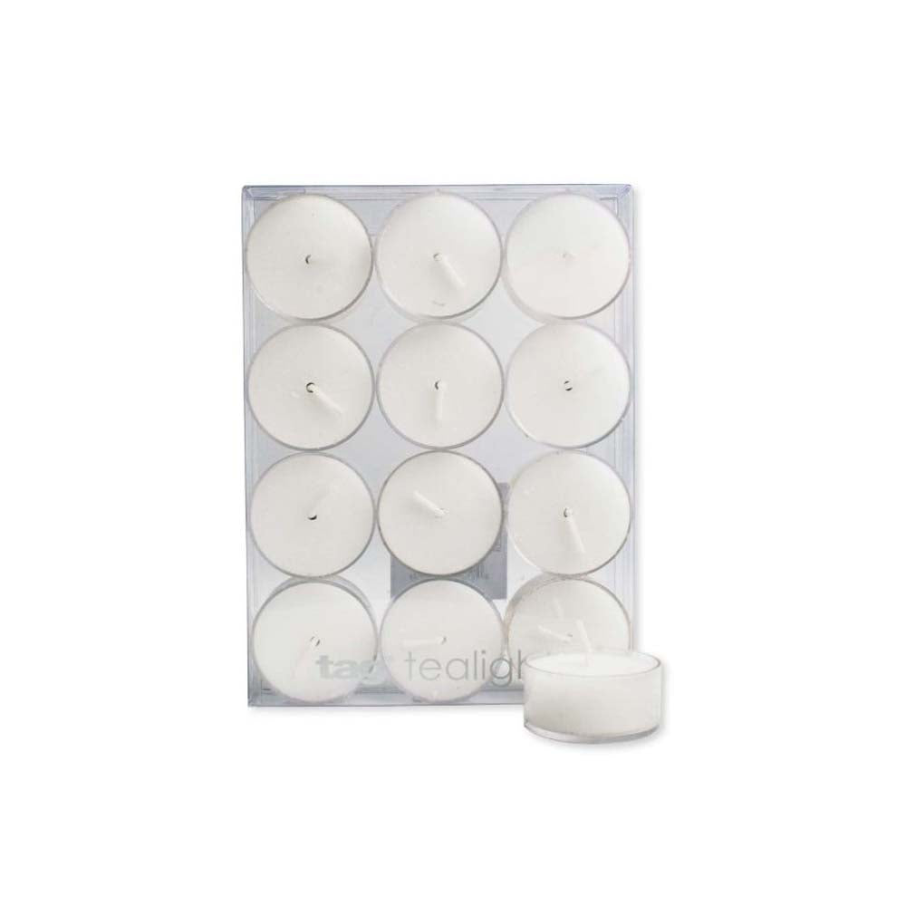 Tag brand clear plastic tealights in a set of 12 on a white background