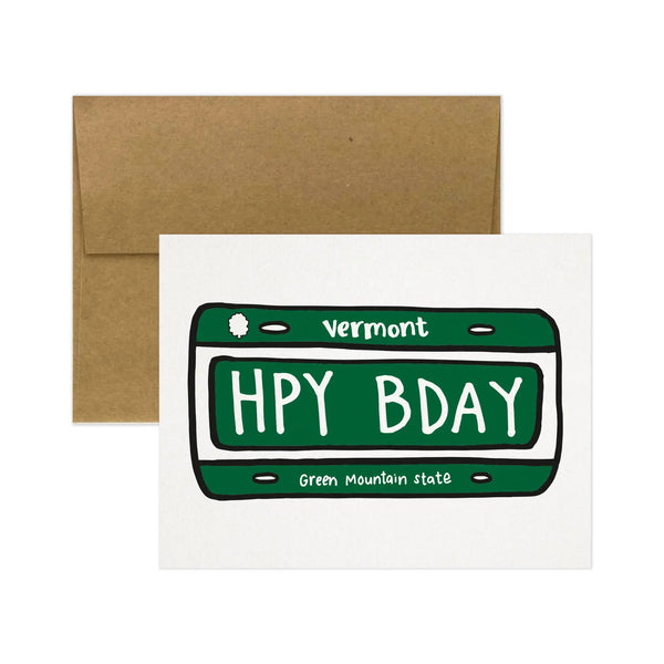 Vermont License Plate Happy Birthday Greeting Card on a white background