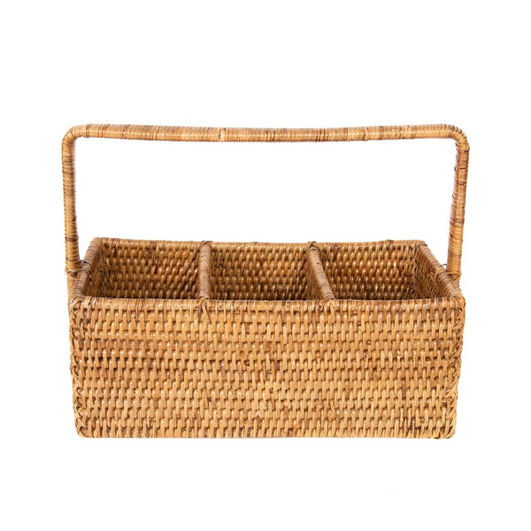 Rectangular rattan caddy with handle and three compartments on a white background