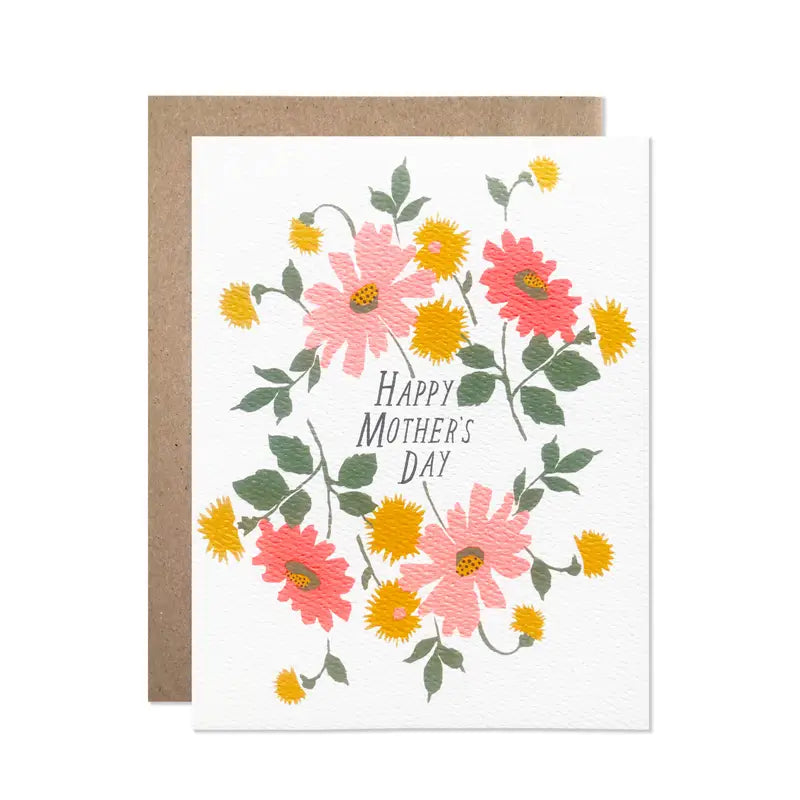 Happy mother's day card with pink and yellow flowers on a white background