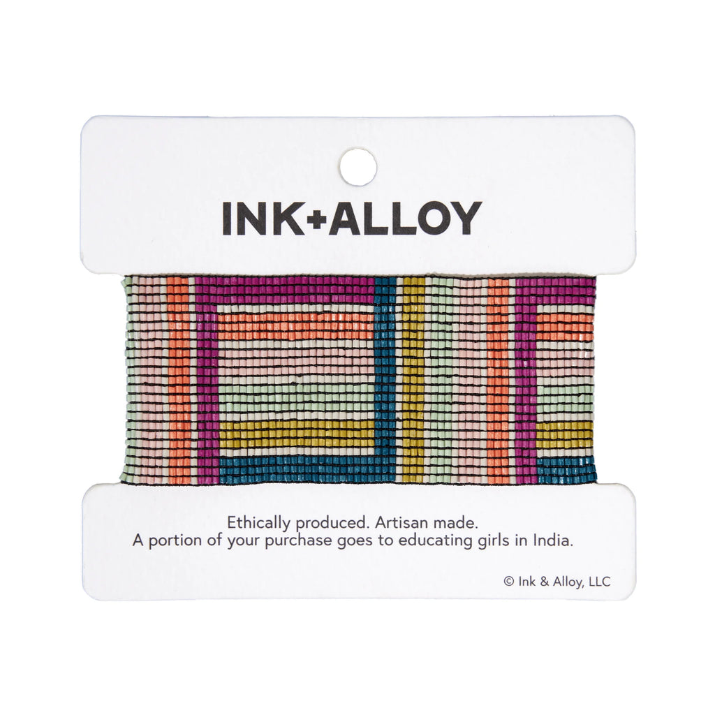 Ink and alloy brand 'Brooklyn' stretch bracelet in multicolor blocks on a white background