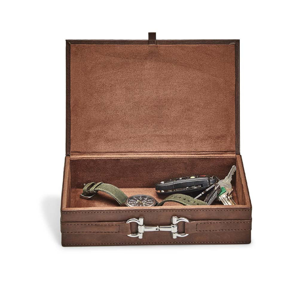 Brown vegan leather jewelry box with horse bit detail on a white background