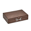 Brown vegan leather jewelry box with horse bit detail on a white background