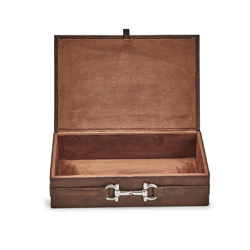 Brown vegan leather jewelry box with horse bit detail on a white background