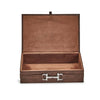 Brown vegan leather jewelry box with horse bit detail on a white background