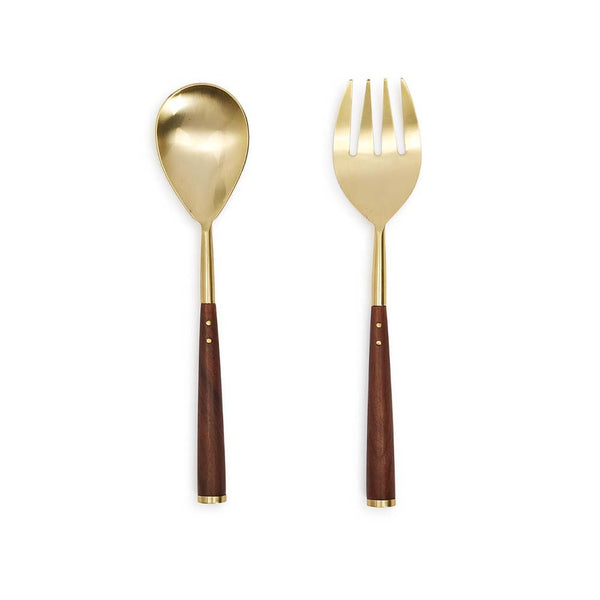 Acacia Wood Serving Set with brass tongs and wood handles 