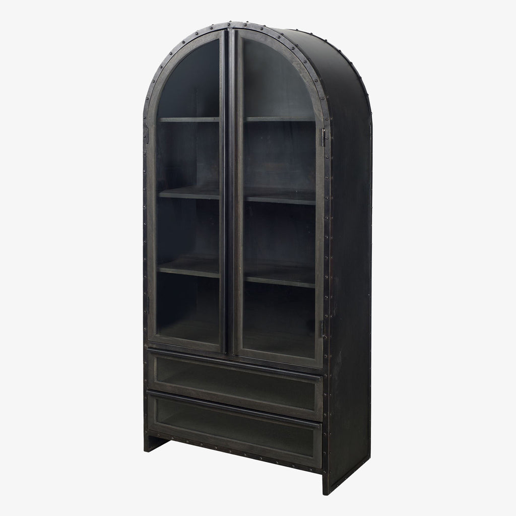 Black riveted metal and wood cabinet with glass doors and curved top on a white background