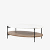 Oval White Marble Top Wood Shelf Black Metal Base Coffee Table on a white bckground