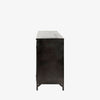 Small black metal cabinet with glass doors and cross hatch mullion design on a white background