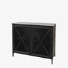 Small black metal cabinet with glass doors and cross hatch mullion design on a white background