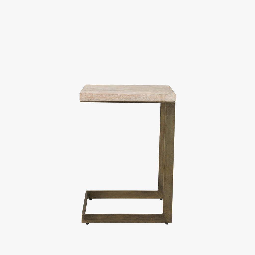 C style side table with light wood top and brass metal C shaped frame