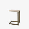 C style side table with light wood top and brass metal C shaped frame