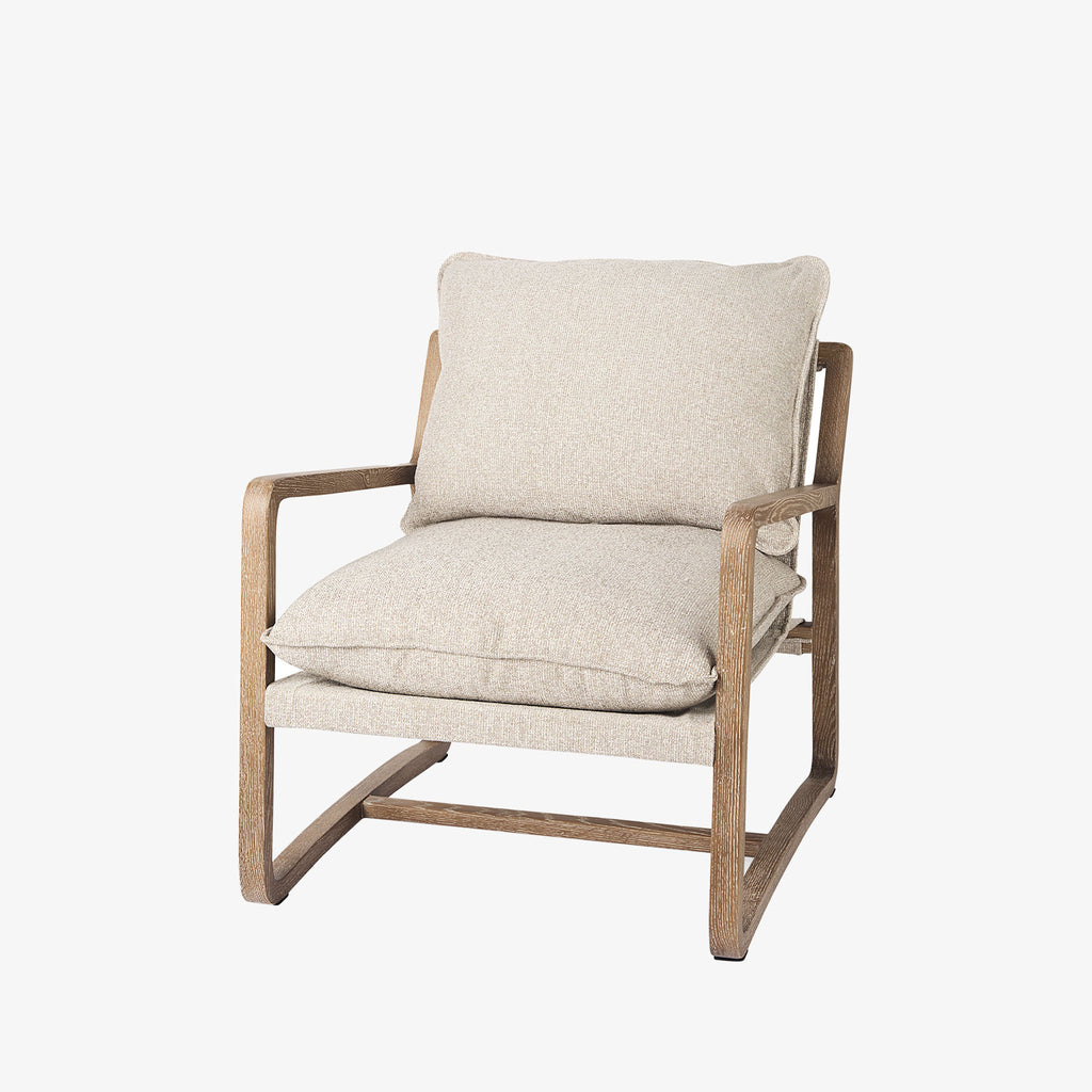 Mercana Brayden sling accent chair with white washed wood and cream cushions