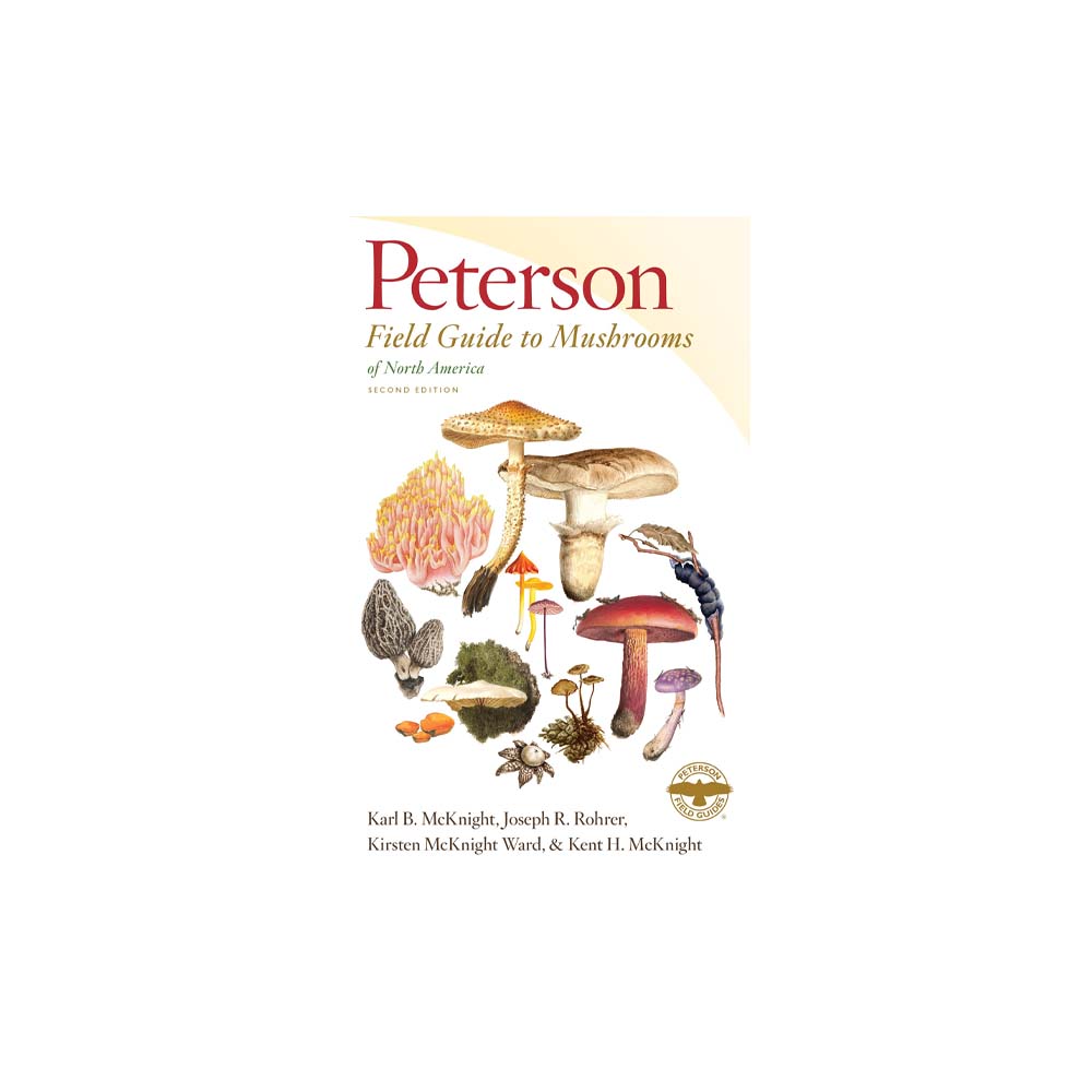Peterson field guide to mushrooms front cover image with variety of mushrooms on a white background