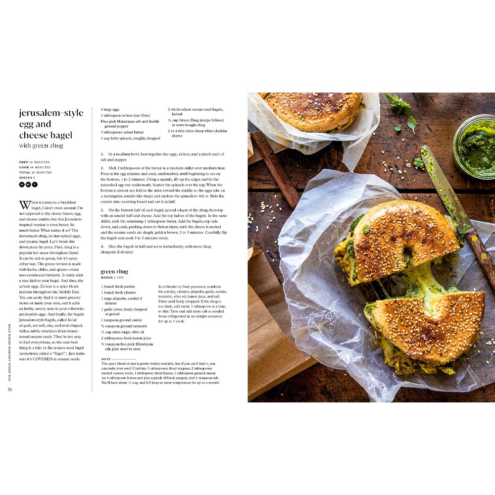Egg and Cheese bagel recipe from interior pages of book 'Half Baked Harvest every day'