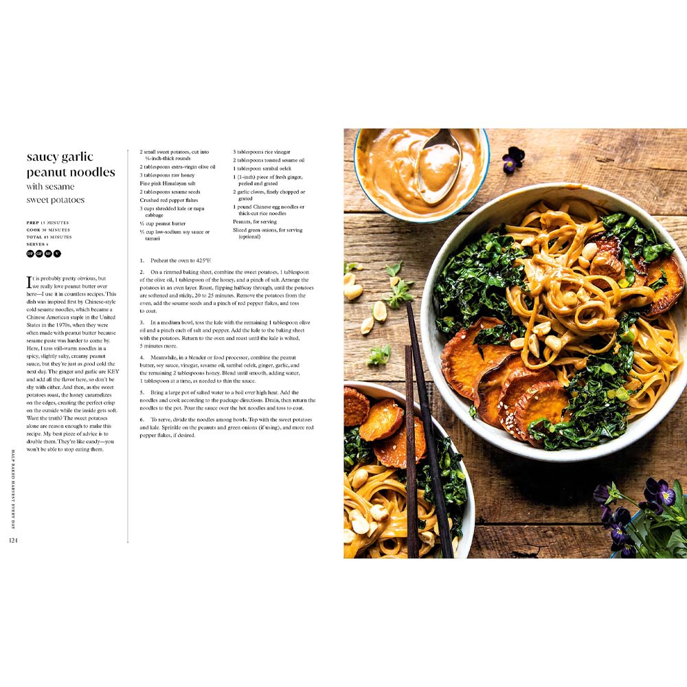 Saucy garlic peanut noodle  recipe from interior pages of book 'Half Baked Harvest every day'