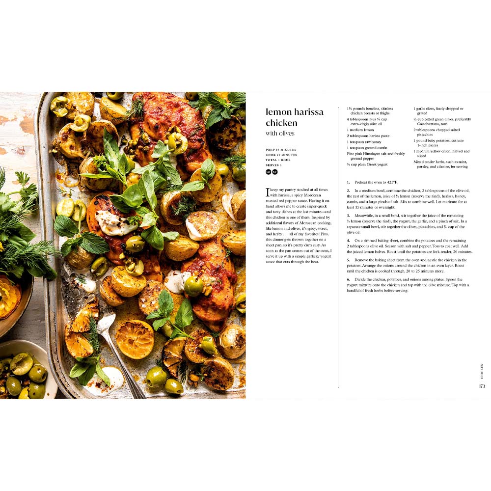 Lemon harissa chicken recipe from interior pages of book 'Half Baked Harvest every day'