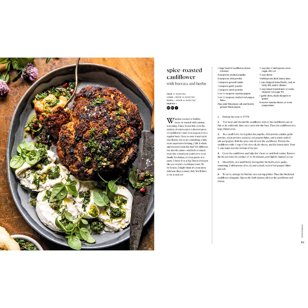 Spice roasted cauliflower recipe from interior pages of book 'Half Baked Harvest every day'