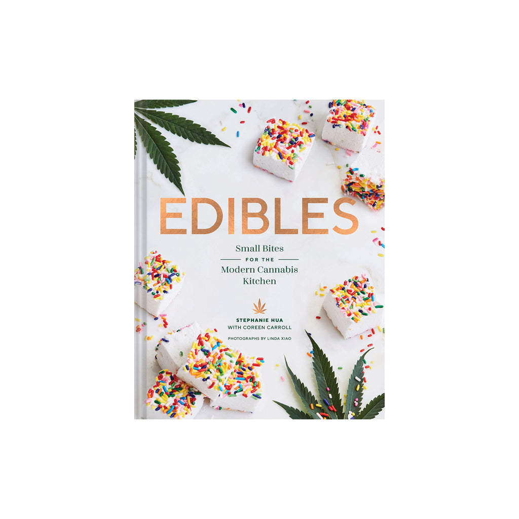 Cover of book edibles: small bites for the modern cannabis kitchen with leaves and marshmallow treats with sprinkles on a white background