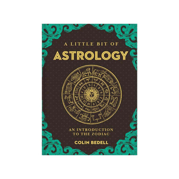 Front cover of book titled 'a little bit of astrology' with zodiac wheel and green pattern around edge on a white background