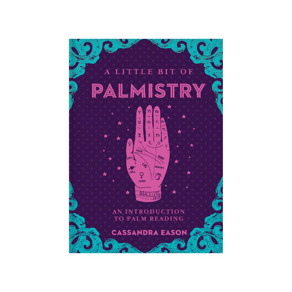 Front cover of book titled 'A little bit of palmistry' with purple hand and aqua edge pattern on a white background