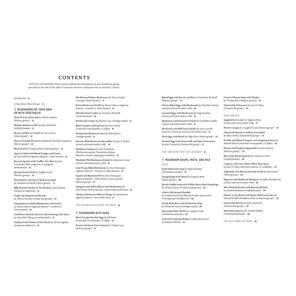 Table of contents for Fantastic Fungi cookbook 