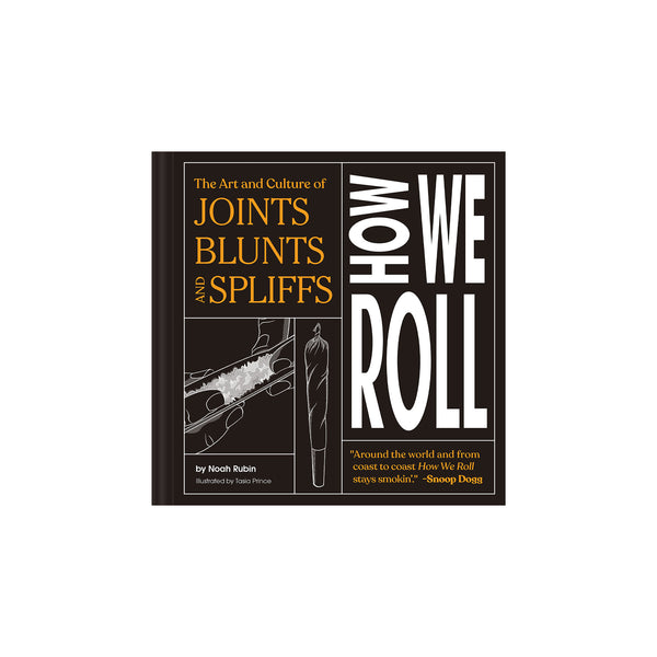 Cover of book 'how we roll' with black cover and graphic white text on a white background