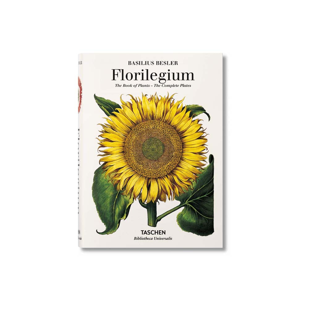 Front cover of book Floriligium The Book of Plants with large yellow sunflower on a white background