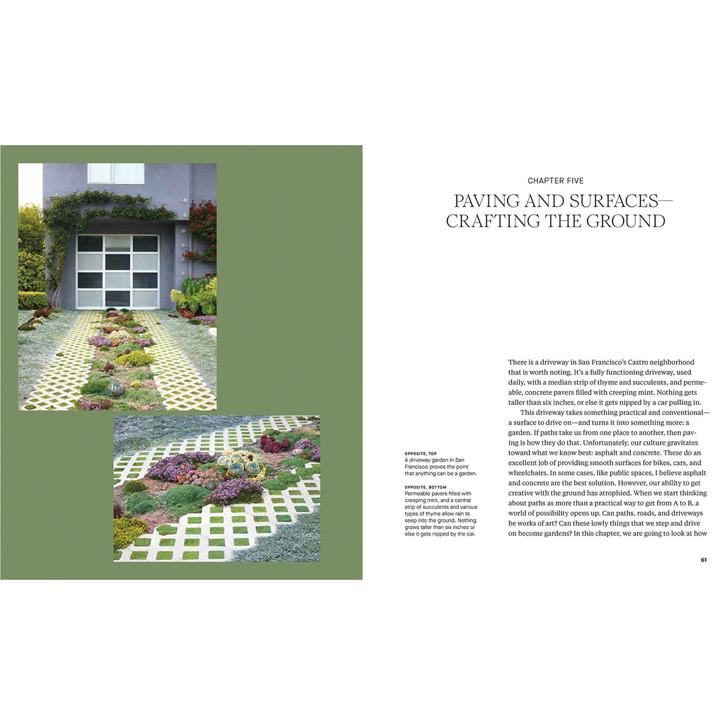 Inside pages of book titled 'a garden's purpose' showing walkways and plantings 