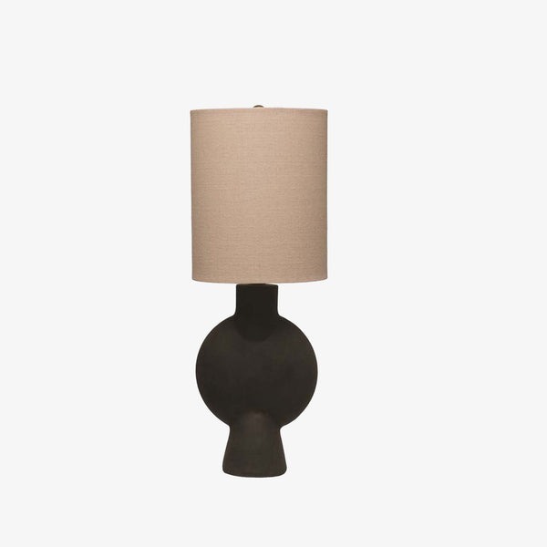 Black Terracotta Table Lamp with geometric shape with beige linen shade on a white background