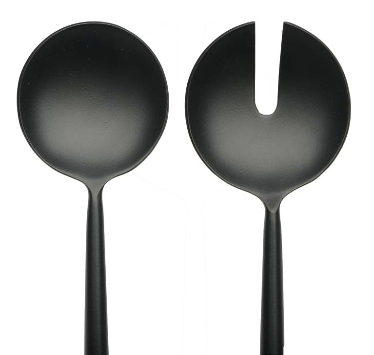 Black Stainless Steel Salad Servers closeup on a white background