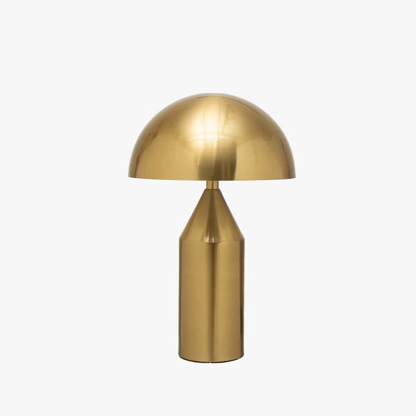 Brass finish table lamp with metal mushroom shade on a white background