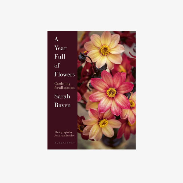 Front cover of book titled 'a year full of flowers' with brown pink and cream flowers on a white background