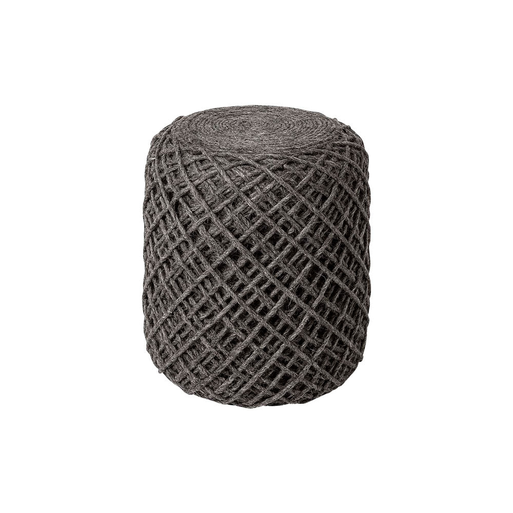 Mercana allium wool pouf with criss cross weaving in charcoal on a white background