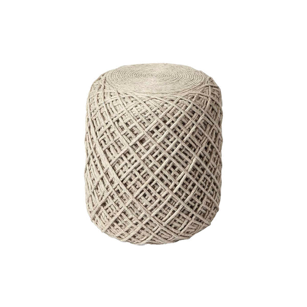 Mercana allium wool pouf with criss cross weaving in oatmeal on a white background