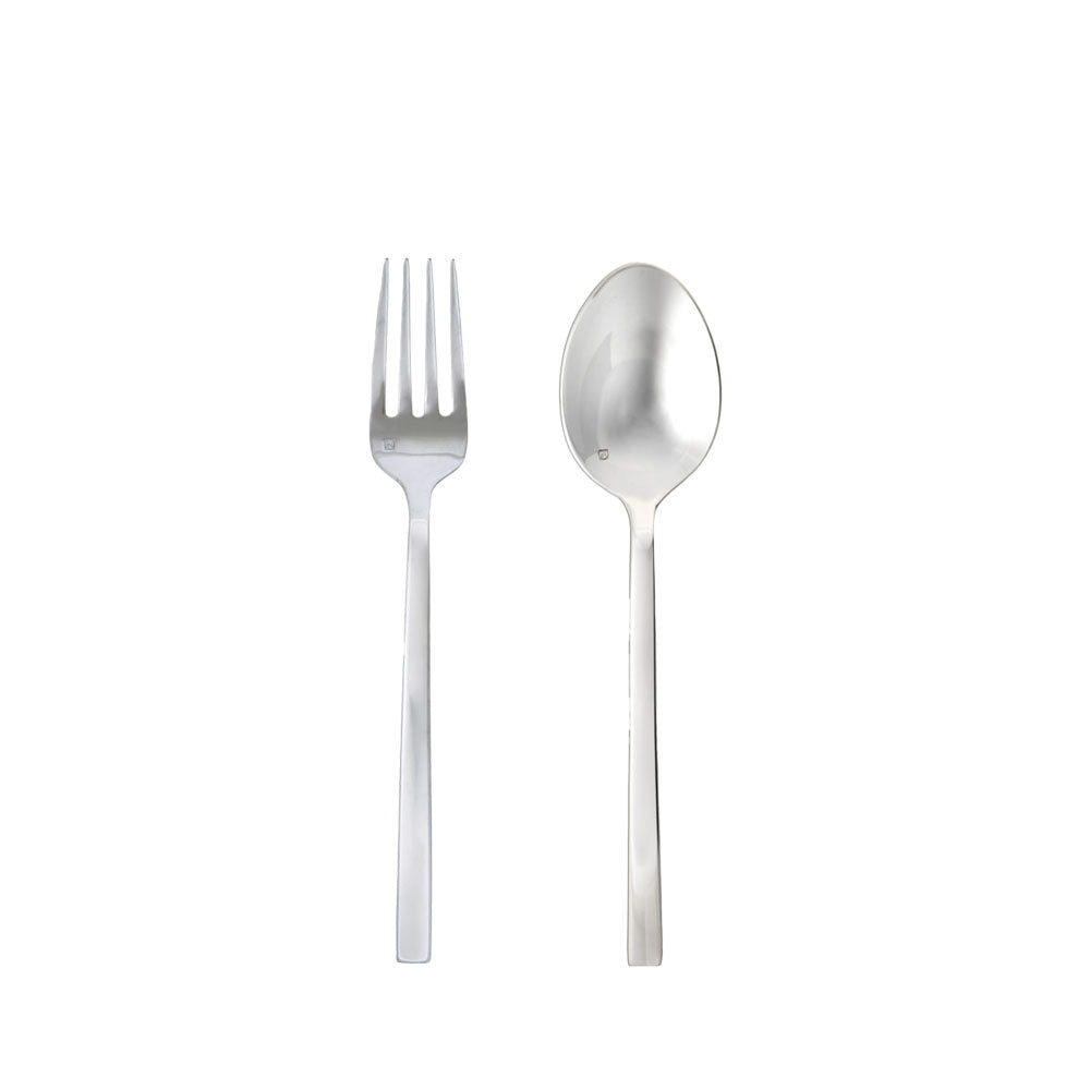 Stainless serving set with fork and spoon on a white background