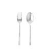 Stainless serving set with fork and spoon on a white background